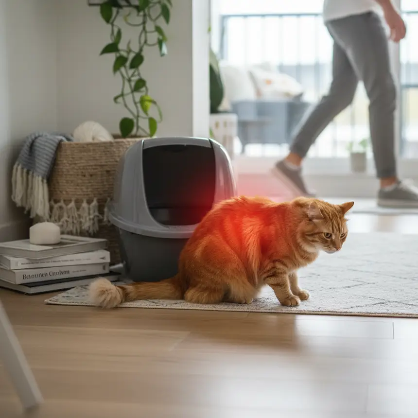 stressed cat near litter box