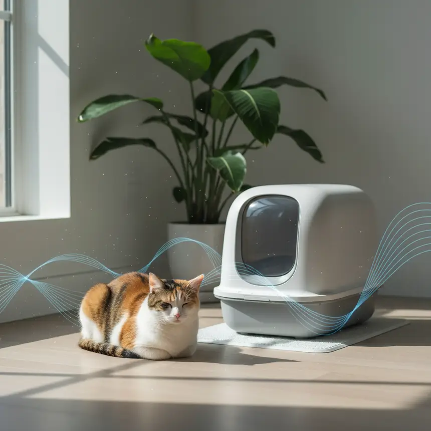 content cat with litter box