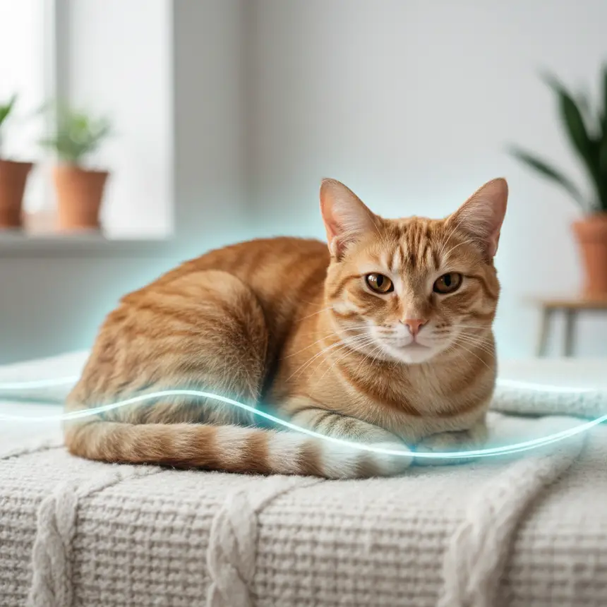 content cat with blue glow