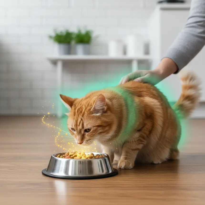 Happy cat eating, nutritious food.