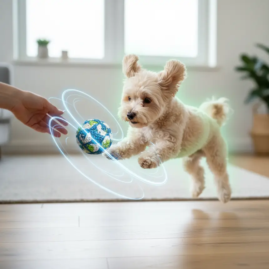 Happy dog playing fetch, indoor activities