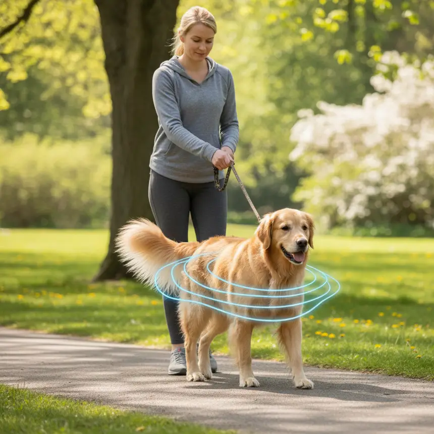Dog walking with owner