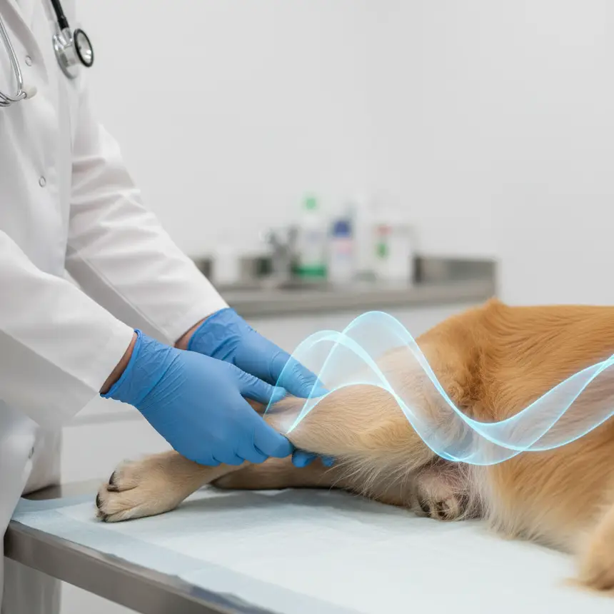 Veterinarian assessing pet's joint, regenerative support