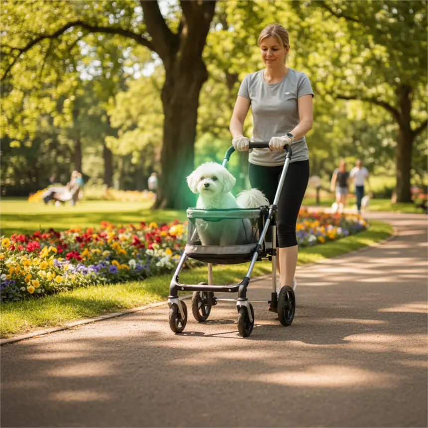 Happy pet stroll in park