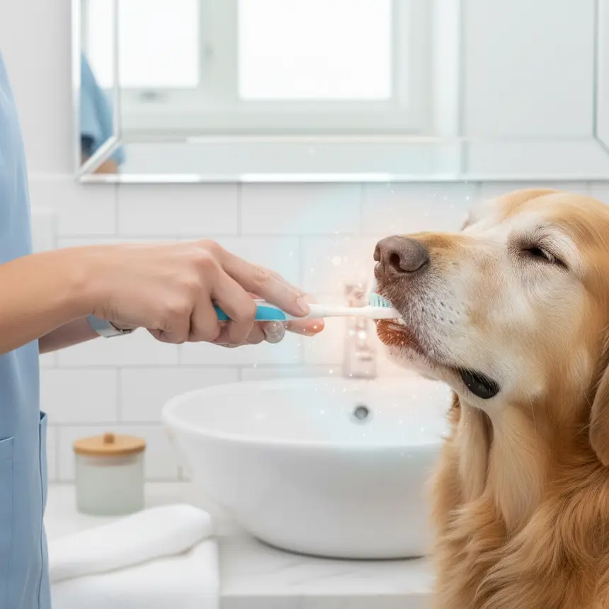 Brushing a large dog's teeth