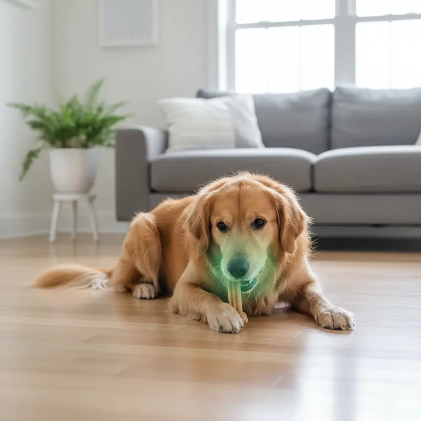 Happy dog chewing dental treat