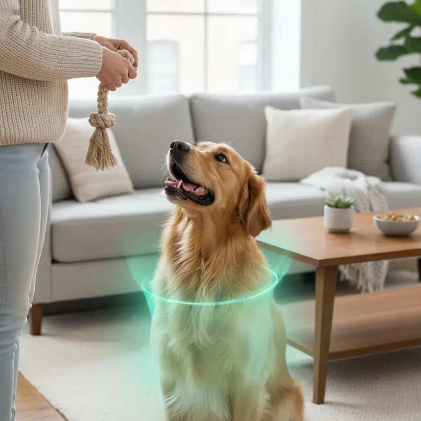 Happy, healthy dog with owner