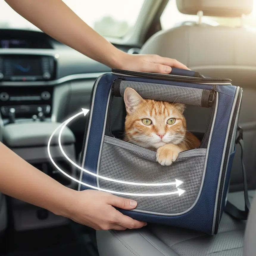 Cat traveling safely in carrier