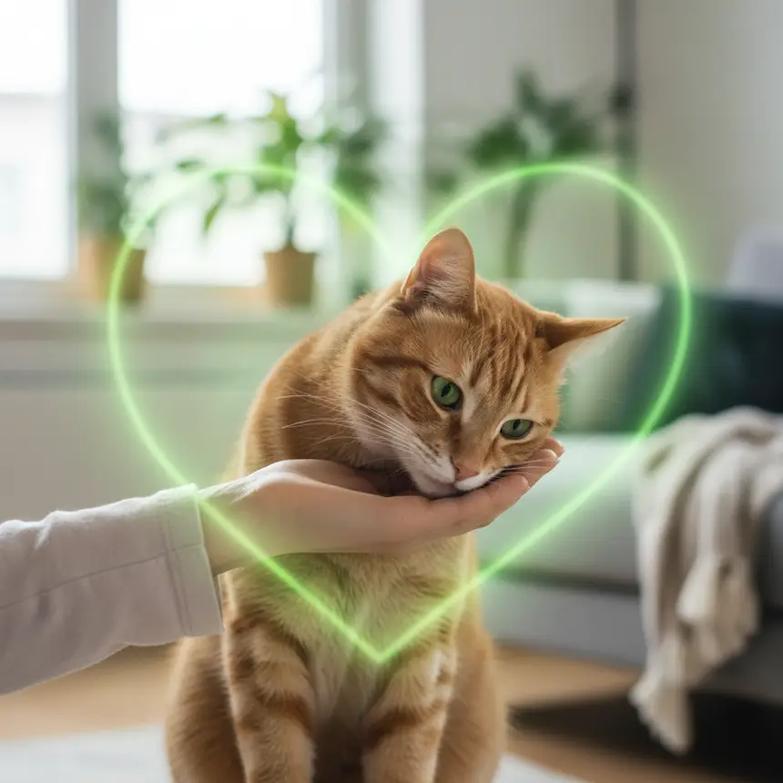 Healthy happy cat with owner