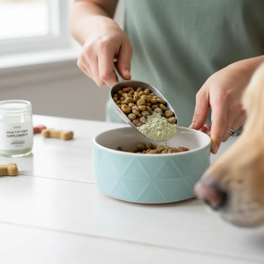 Owner's hands feeding dog